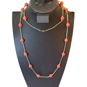 Vintage Gold-Tone Necklace With Coral-Colored Beads & Bar Links 44"